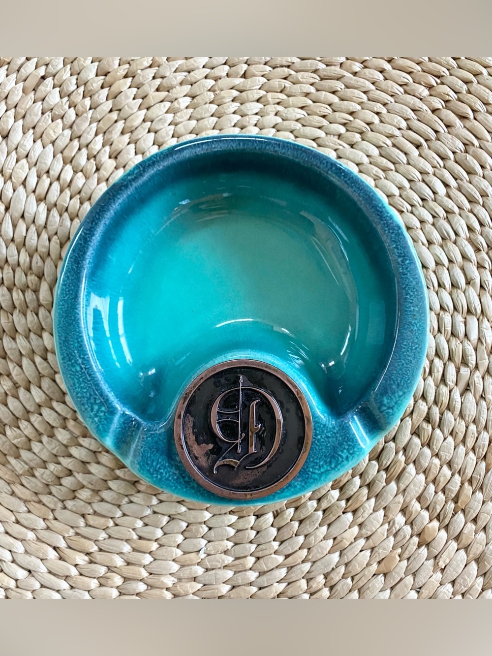 Vtg Roseville Pottery Hyde Park Teal Ceramic Ashtray Copper Monogram D No. 1955